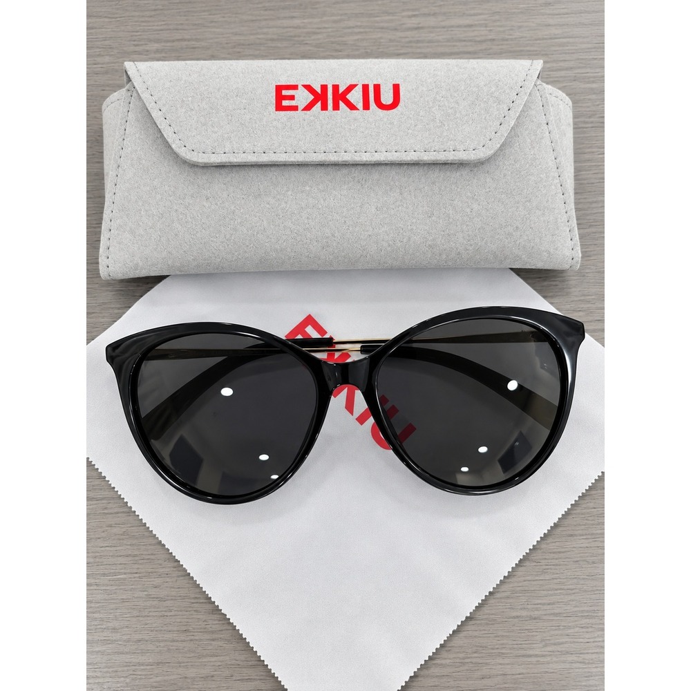Invu Womens Black Round Cat Eye Sunglasses with Gold Metal Arms and Case